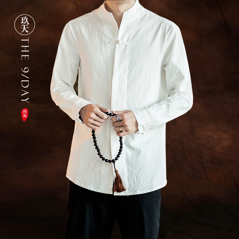 中国风春季男复古立领亚麻衬衫上衣中式唐装棉麻茶服白色盘扣衬衣