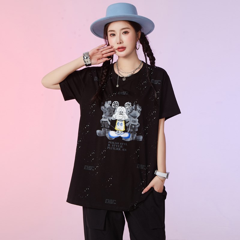 大码女装夏装200斤胖mm卡通减龄休闲上衣胖妹妹宽松显瘦短袖T恤衫