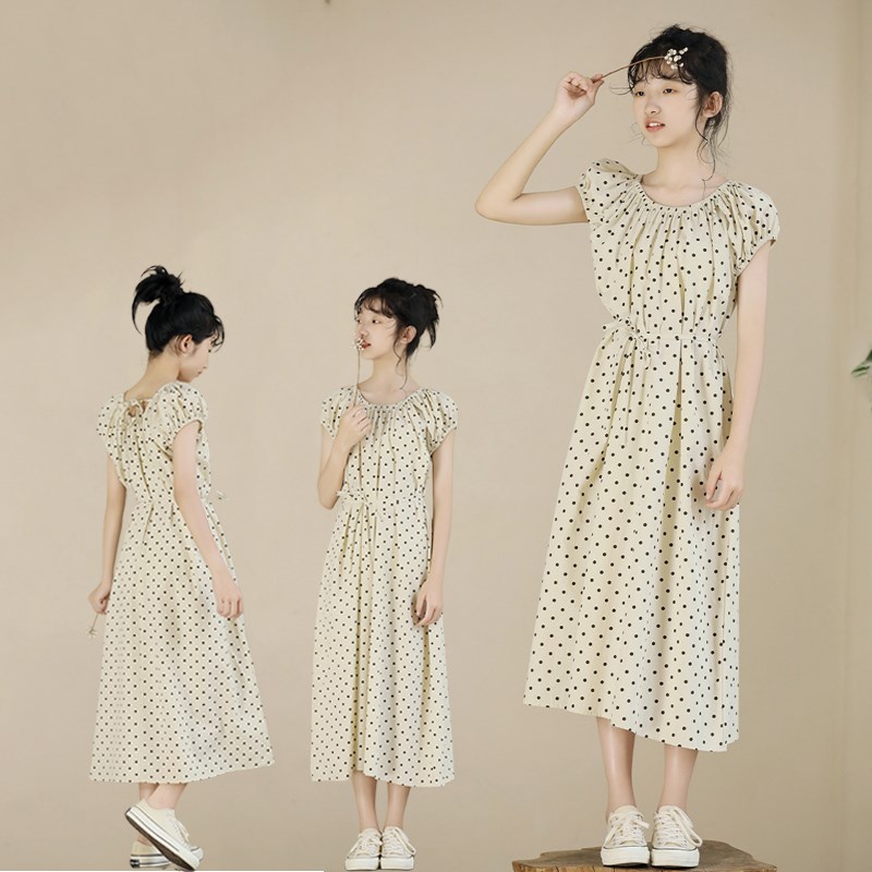 大童女装夏季连衣裙洋气女童长裙初中生女孩波点裙子度假风高级感