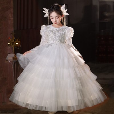 白色花童婚礼小女孩礼服女童秋冬高端轻奢小众儿童钢琴演奏主持人