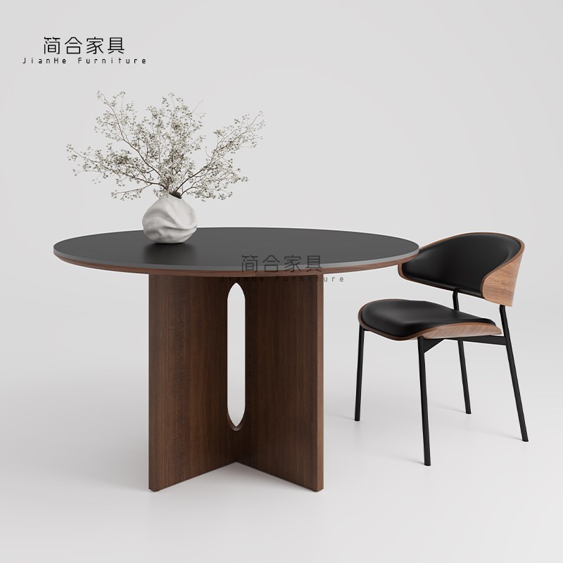 法式复古黑色岩板圆形餐桌家用小户型中古风圆桌实木圆餐桌椅组合