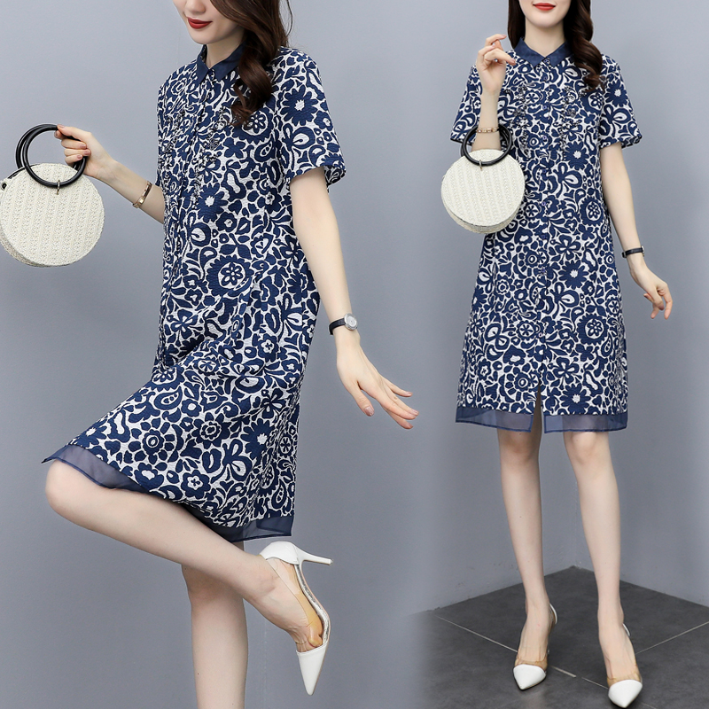 2021新款夏季大码宽松遮肚中长款裙子妈妈夏装中国民族风连衣裙女