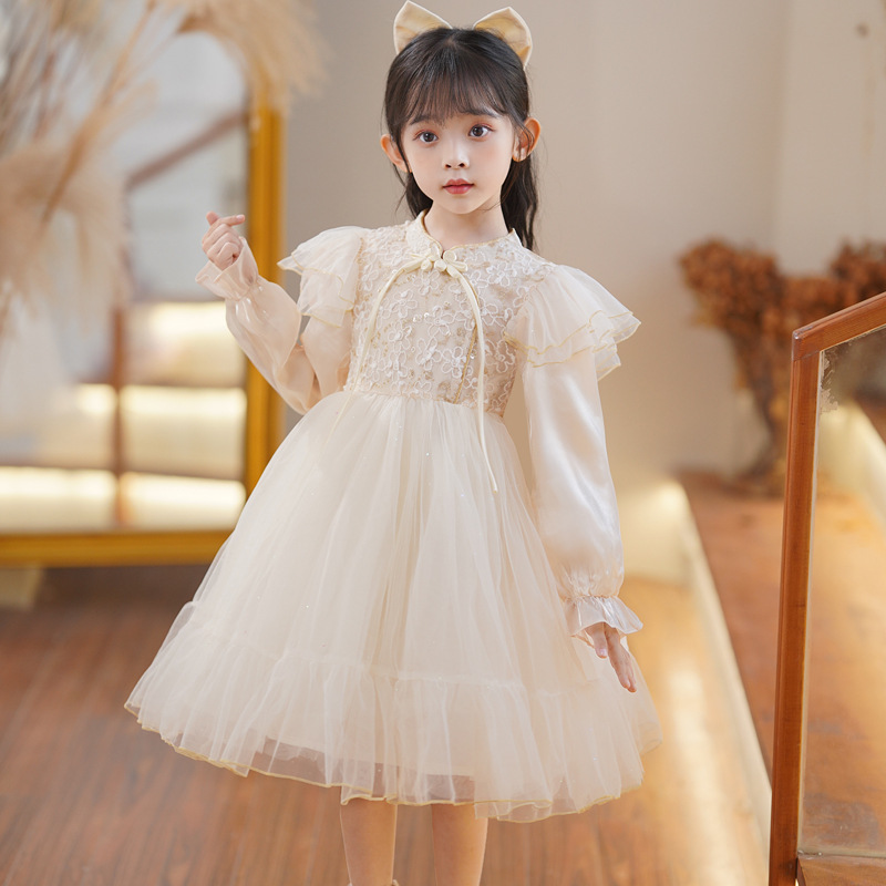 女童旗袍洋装秋冬装加绒儿童高级感中式礼服公主洋派蓬蓬纱裙子