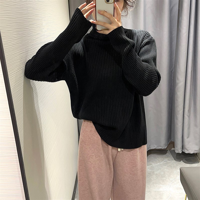 韩系气质慵懒风坑条针织衫上衣女秋冬新款高领宽松设计感套头毛衣