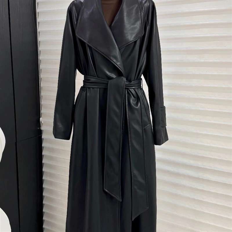 法式气质大翻领中长款皮衣外套女春季高级感收腰过膝风衣大衣女装