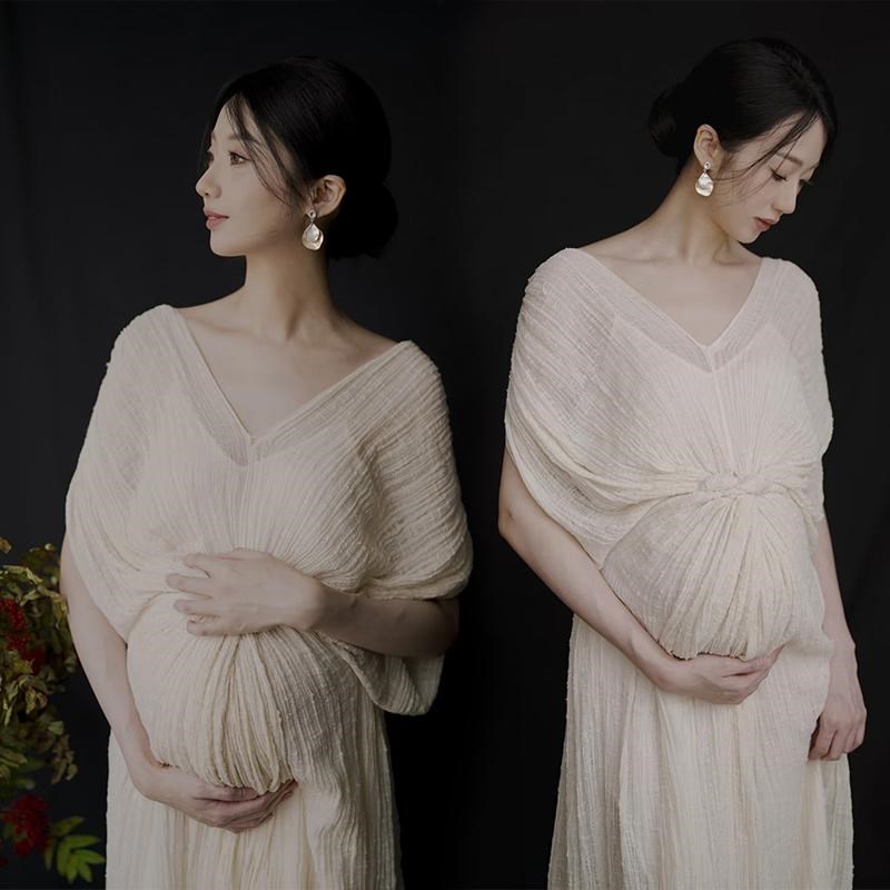 影楼主题新款复古棉麻新中式压皱连衣裙冷淡高级感孕妈咪摄影服