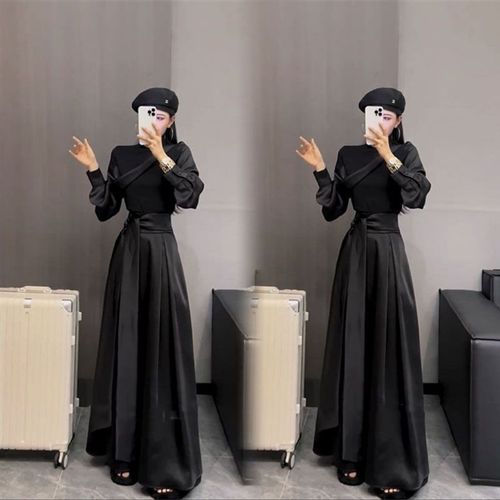 秋季新款复古系腰马面裙不对称小衫套装女洋气百褶半身长裙两件套