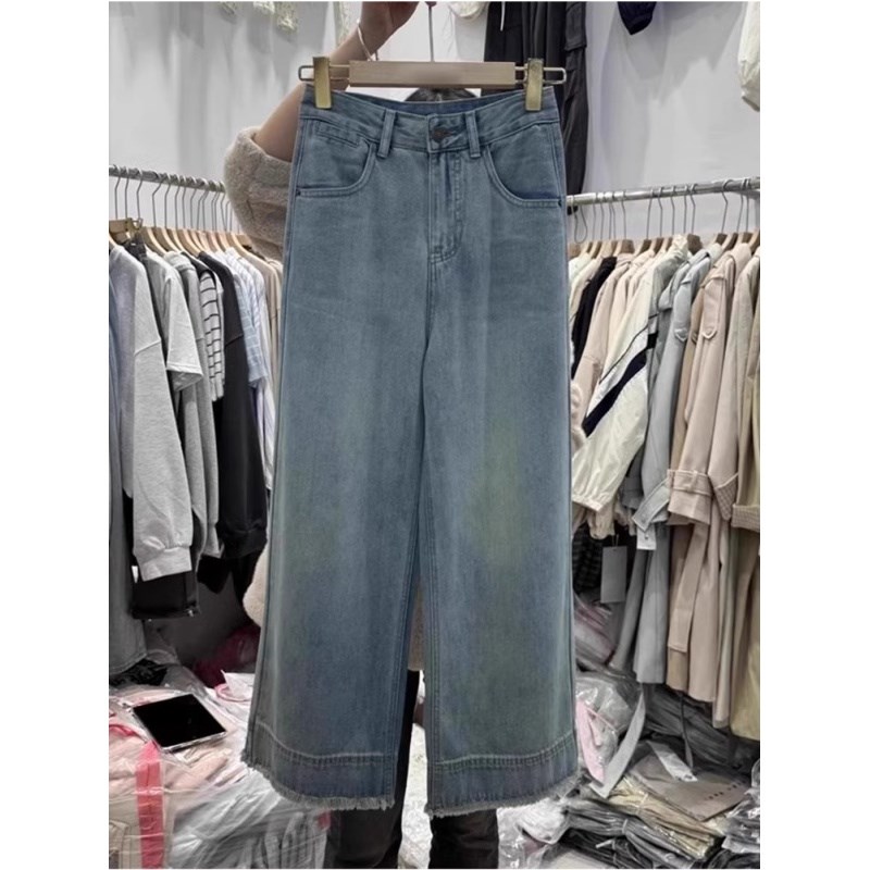 大码女装高腰直筒牛仔裤女秋季上新遮肉显瘦毛边设计感百搭阔腿裤