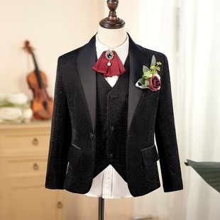 儿童西服套装男童晚会主持人黑色正装青少年生日走秀钢琴演出服装