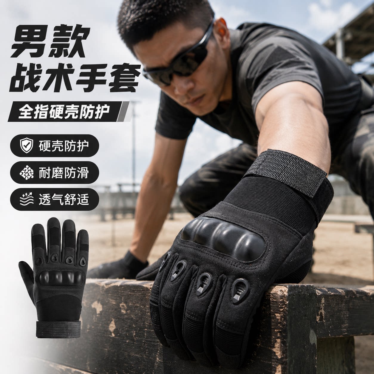 战术手套男款全指硬壳护掌手套户外骑行登山耐磨防滑运动训练防护