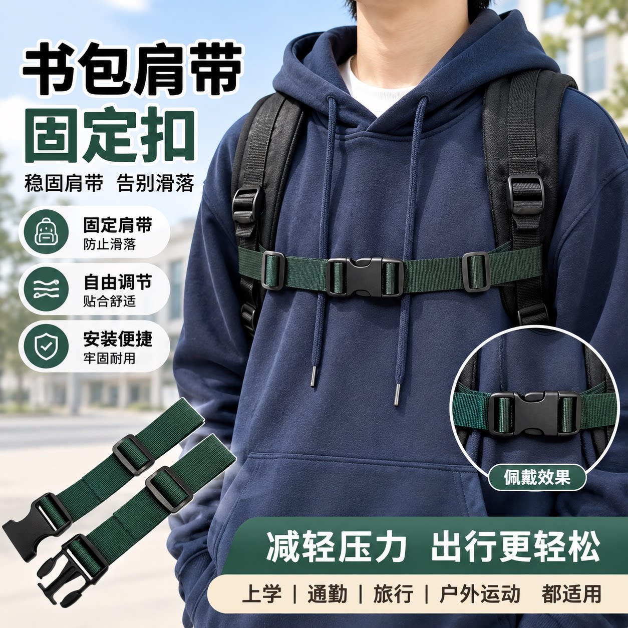 书包肩带固定扣墨绿色加厚耐磨图片
