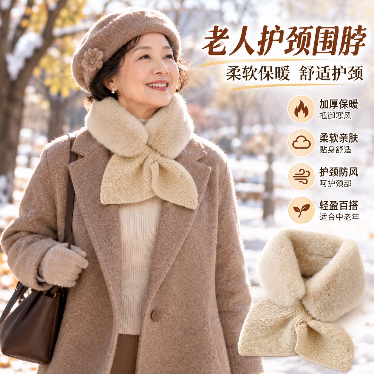 老年人护颈围脖毛绒针织小围巾秋冬易穿戴护颈保暖不勒脖百搭围领