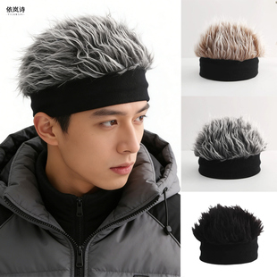 带头发的帽子男头发帽子一体真假发男连帽头发时尚冬季扎头发地主