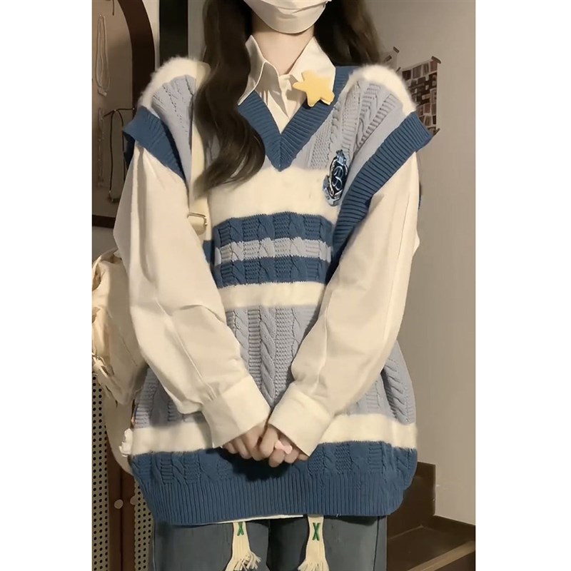学院风针织马甲衬衫两件套无袖毛衣背心宽松M慵懒风日系叠穿外搭