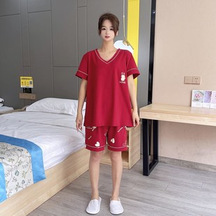 短裤 夏季 200斤短袖 V领加肥大码 胖mmV休闲家居服套 睡衣女纯棉薄款