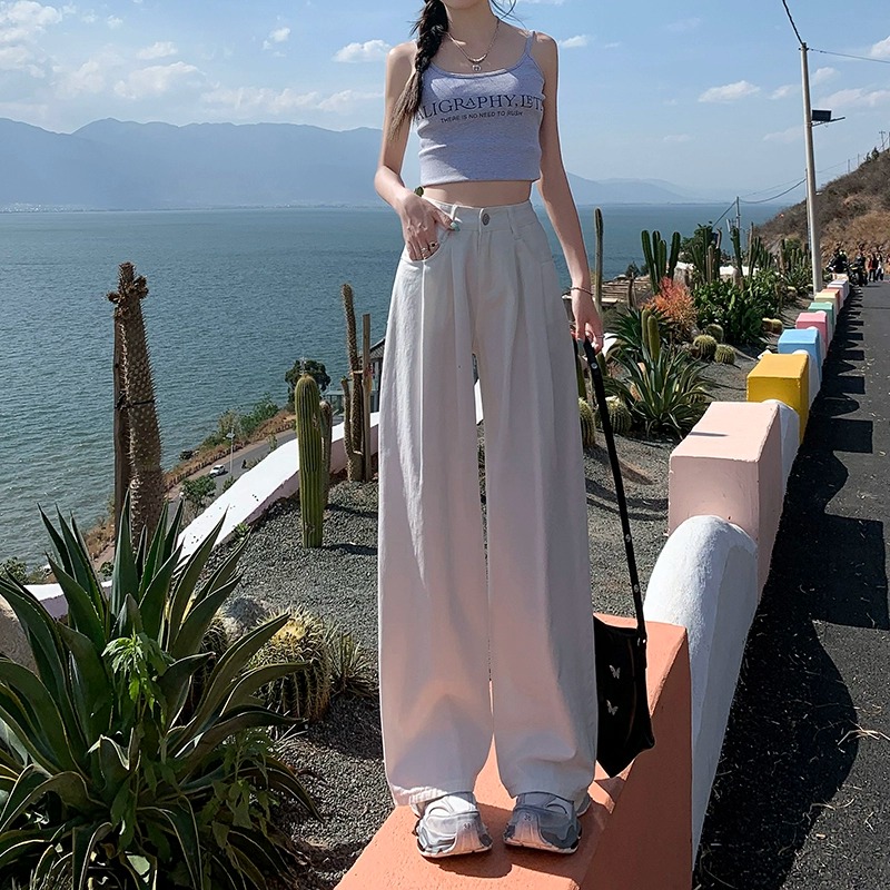 白色高腰阔d腿牛仔裤女2024夏季新款高级感宽松垂感显瘦直筒拖地