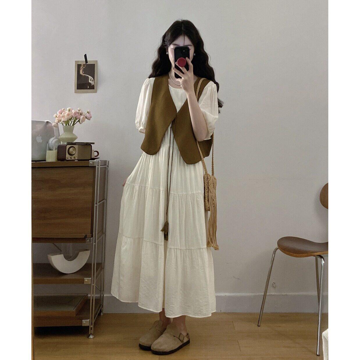 大尺码梨形身材短袖洋装女2025新款夏季胖MM遮肚显瘦裙子马甲套装