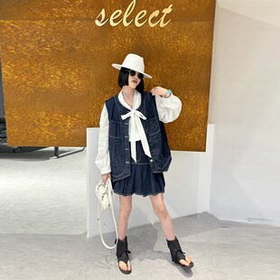 打底衫 明线牛仔马甲系带领长袖 百褶短裙胖妹妹减龄三件套 女装 大码