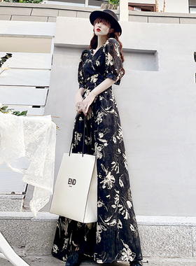 加长款170到脚踝黑色高级感碎花连衣裙夏季新款法式气质收腰显瘦