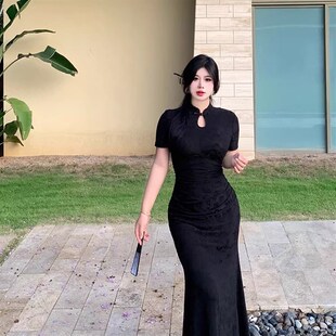 新中式胖妹妹重工提花旗袍胖美眉禅意风带袖连衣裙遮肚藏肉裙子女