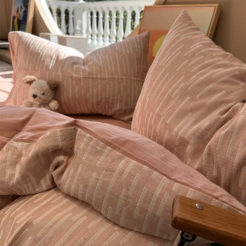 少女粉色织水洗棉提花橘色纯棉四件式1.5m1.8米公寓被套床单简约