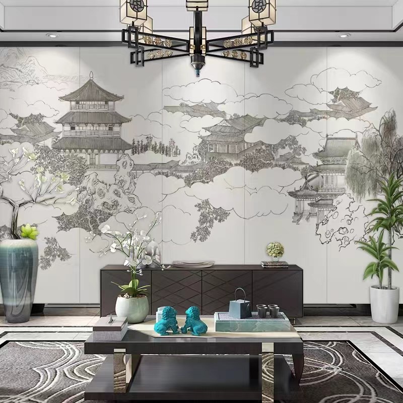 中式亭台楼阁电视背景墙壁纸3d古典雅致壁M画简约大气墙纸茶室壁