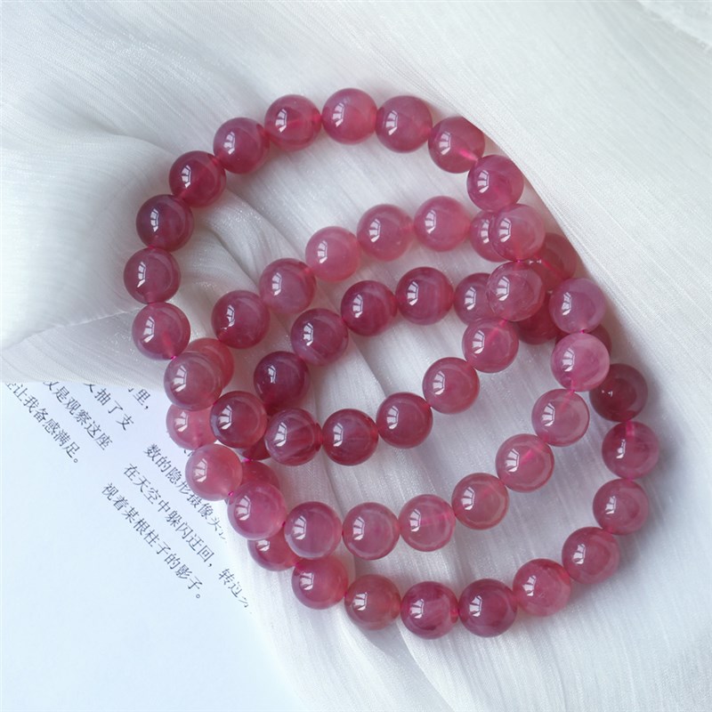 天然老矿粉水晶马粉果冻粉单圈手链 颜色好 女款水晶糖果粉饰品