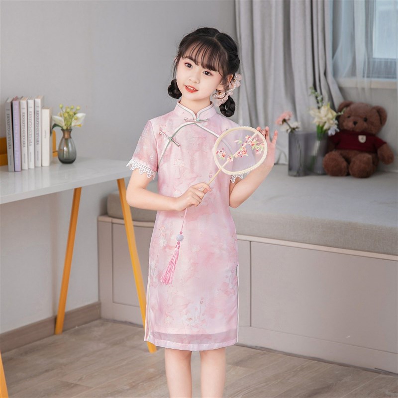 夏季新款女童小女孩中式旗袍民国中国儿童改良粉色演出服连衣裙
