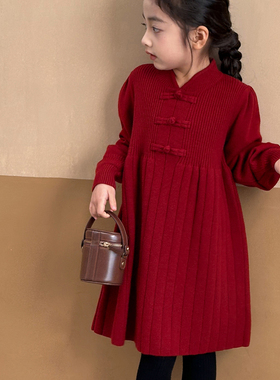 女童秋冬连衣裙20m24新款儿童针织裙子过年红色新年裙子大童毛衣