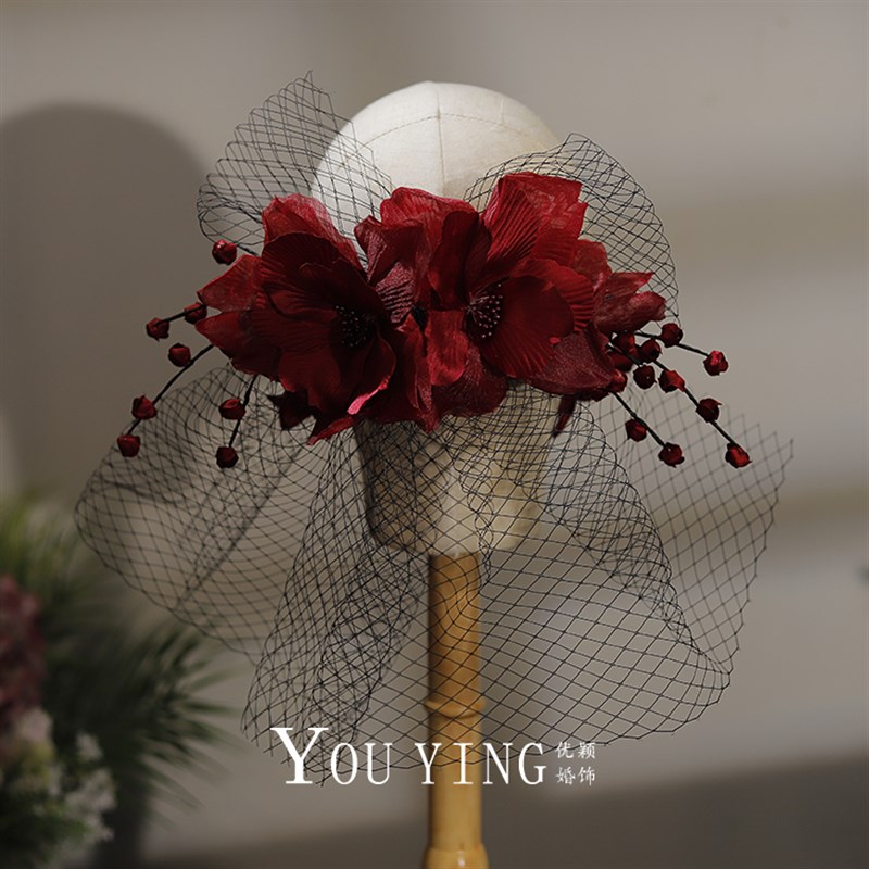 复古法式酒色缎面鸢尾花发夹铃兰花苞面纱头饰新娘敬酒服结婚头花