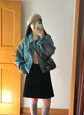 美复古水洗做旧蓝色牛套仔外女春秋69812港风式宽松百搭小个子克