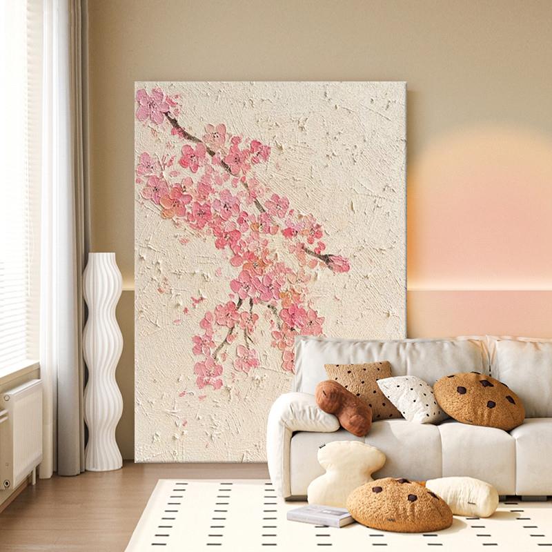 新中式玄关手绘粉色桃花卉壁画石英砂油画挂画客厅立体肌理装饰画图片