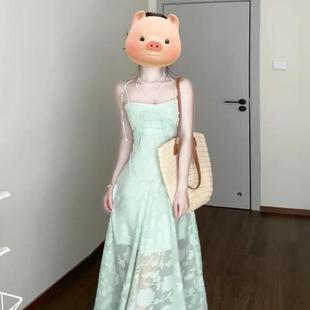 法式 开春穿搭海边度假风收腰长裙 薄荷绿吊带连衣裙女夏季 2025新款