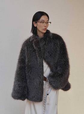 UNITY MODE 贵气立领仿皮草女冬季气质感宽松加厚皮毛一体外套