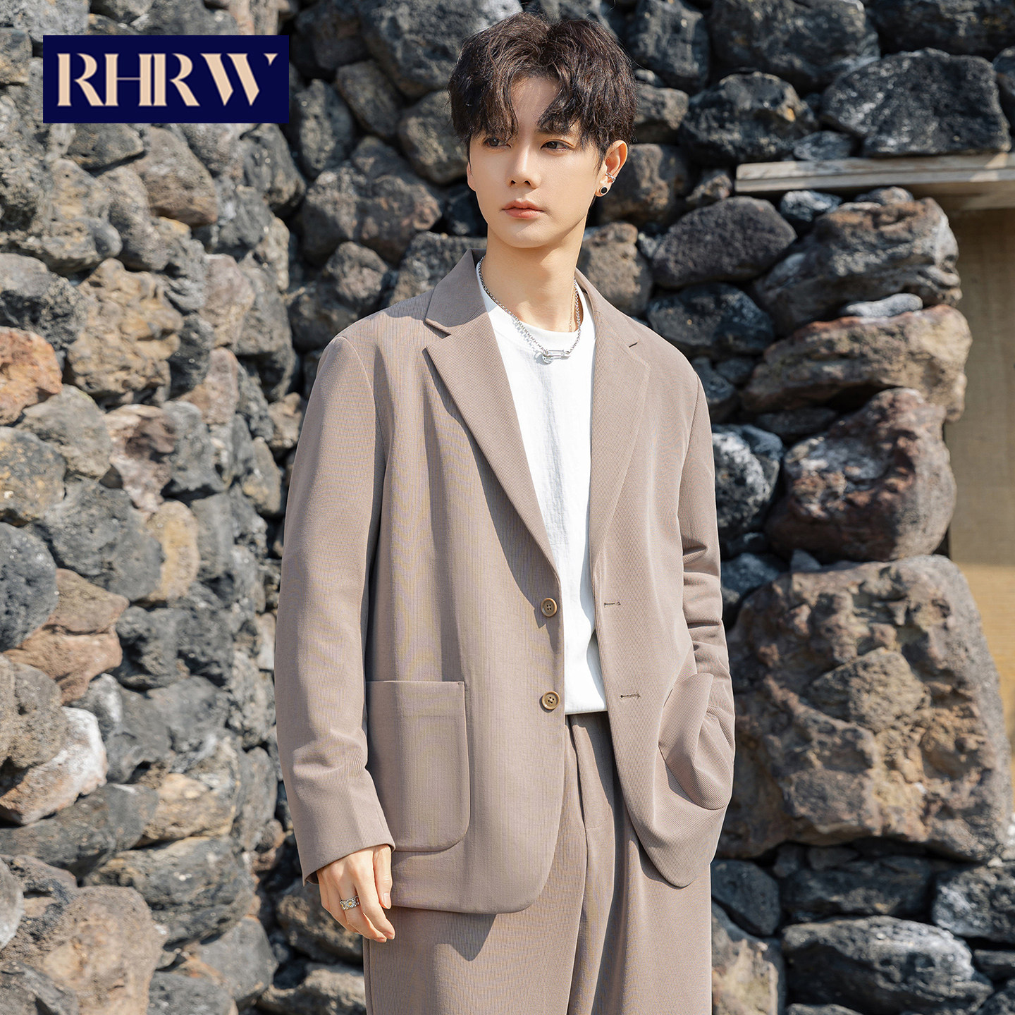 RHRW高级感休闲西装外套男士2026春夏季新款商务痞帅垂感西服套装