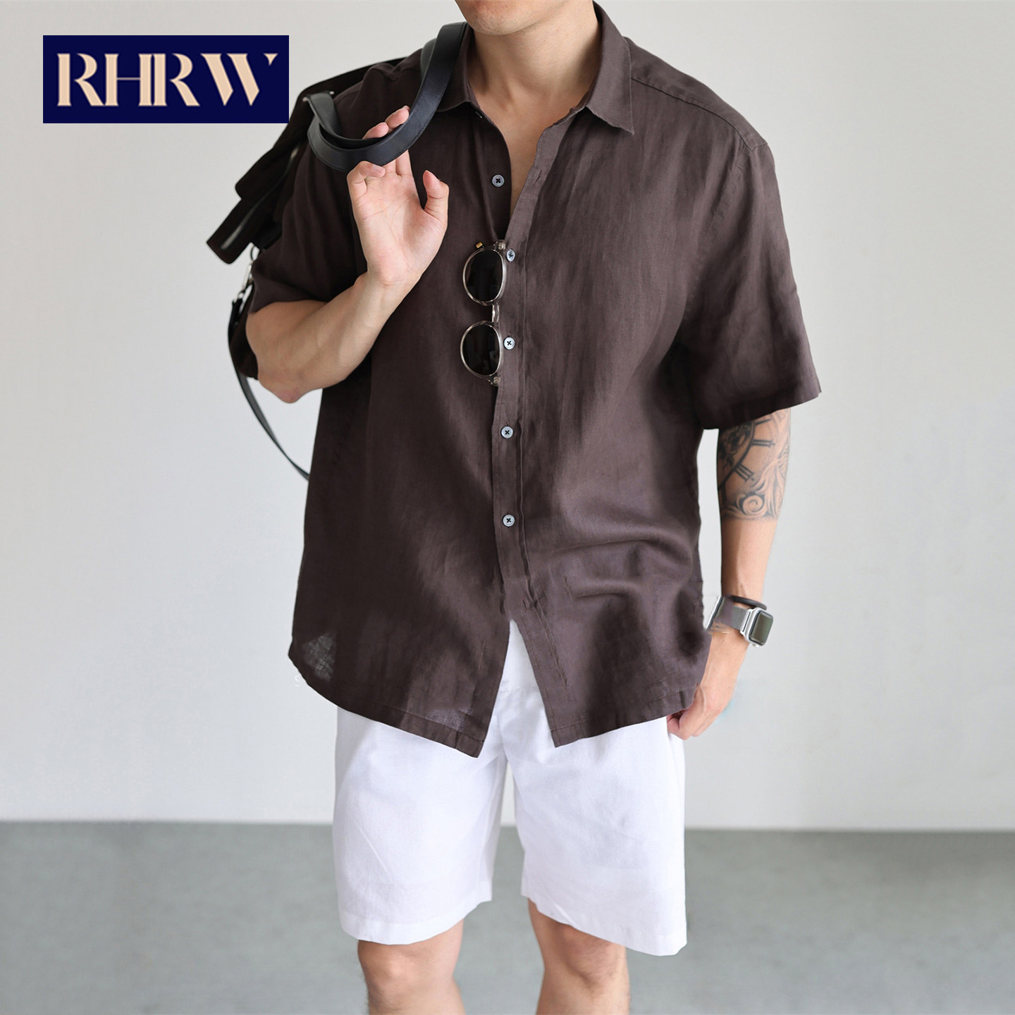 RHRW意式极简风亚麻短袖衬衫男夏季新款透气宽松休闲商务薄款衬衣