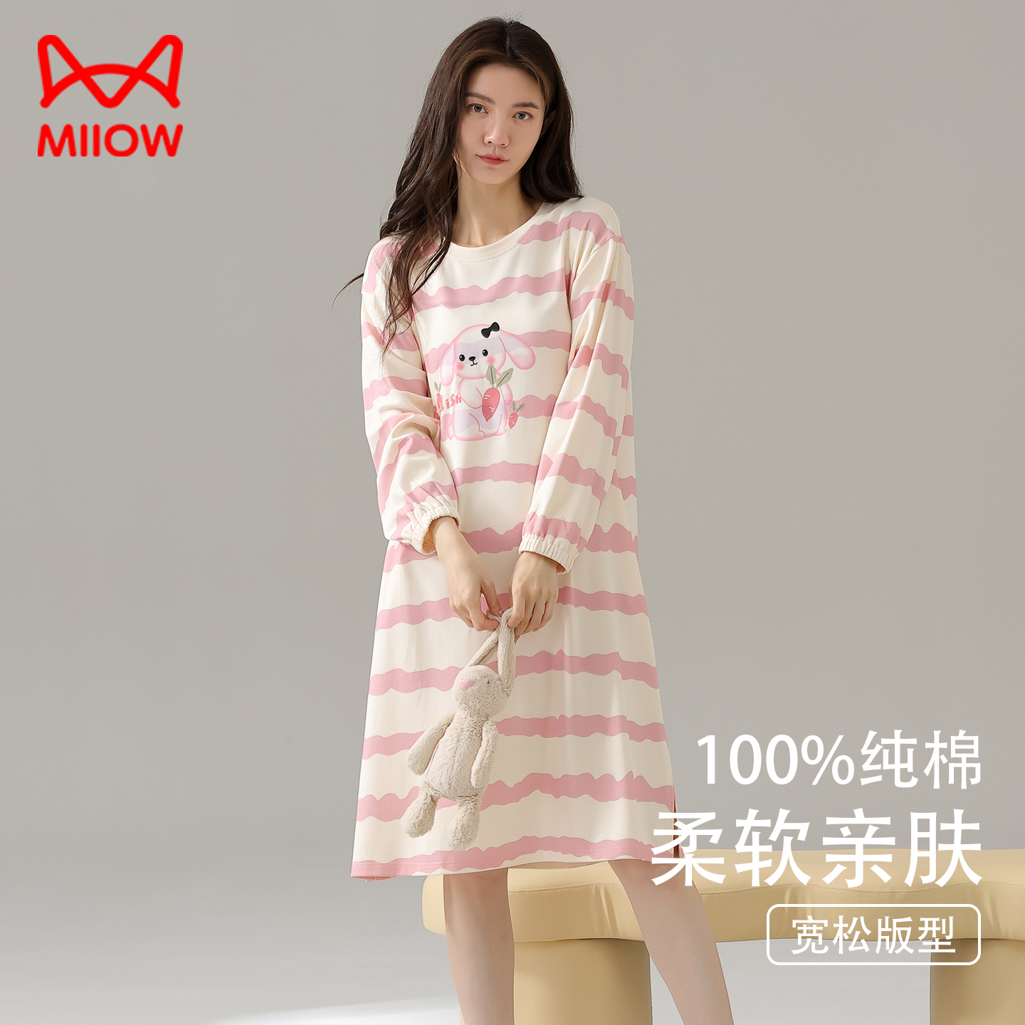 猫人睡裙女纯棉2025新款春秋季居家休闲宽松甜美可爱中长款睡衣裙
