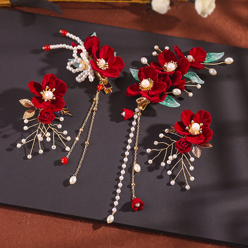 订婚头饰古风红色绒花边夹汉服新娘头饰全套发夹珍珠流苏简约百搭,饰品/流行首饰/时尚饰品新,民族风发饰,淘宝优惠券,粉丝福利购,淘宝优惠卷