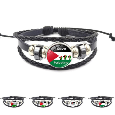 free palestine巴勒斯坦旗帜手链女跨境欧美朋克串珠编织皮革手链