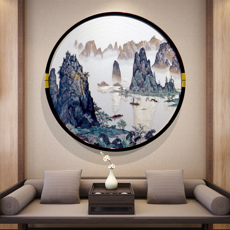 桂林苏绣风景客厅圆形装饰画新中式入户玄关过道沙发墙壁挂画图片