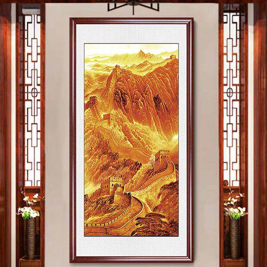 玄关竖版装饰画金色长城画靠山图国画办公室客厅山水走廊壁画大气