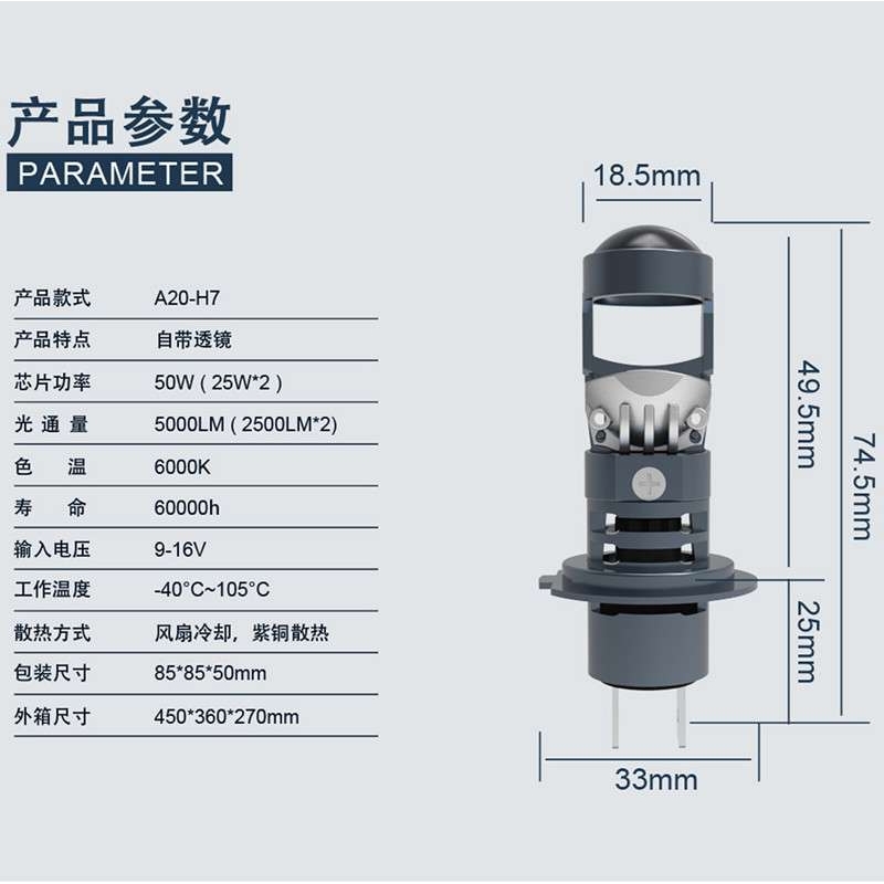 直插自带透镜迷你汽车led大灯泡原车1:1直接替换H7H1190059006H4