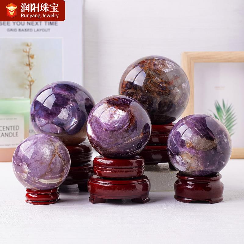 天然紫锂云母水晶球 紫水晶原石打磨能量石球家居桌面工艺品摆件