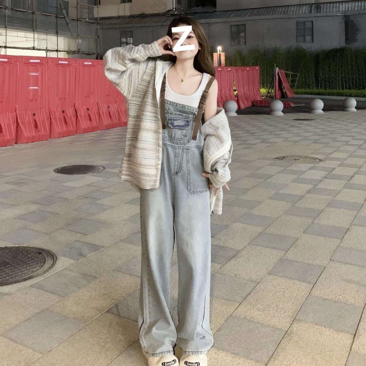 复古棕色皮扣设计感牛仔背带裤春款小个子宽松减龄显瘦直筒裤