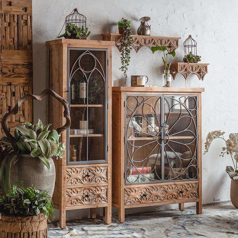 美式复古实木酒柜落地餐边柜置物架茶水柜储物柜玄关柜厨房柜子