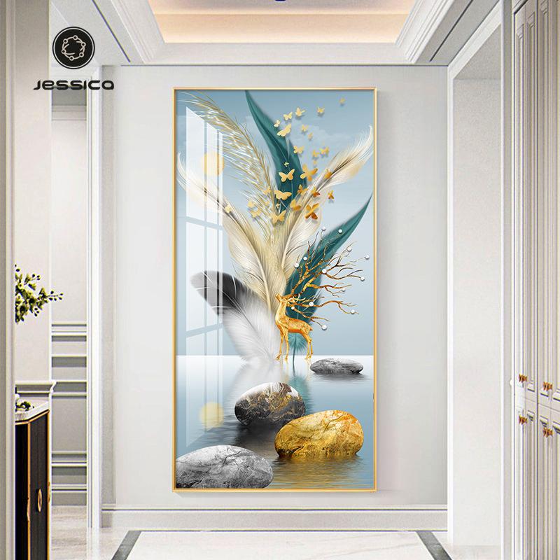 轻奢入户现代简约玄关装饰画走廊过道壁画晶瓷羽毛玄幻挂画正对门