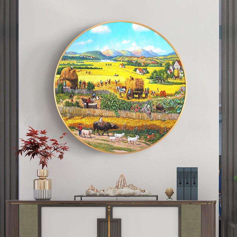 现代简约丰收风景入户玄关手绘油画新中式圆形装饰画轻奢挂画凡高