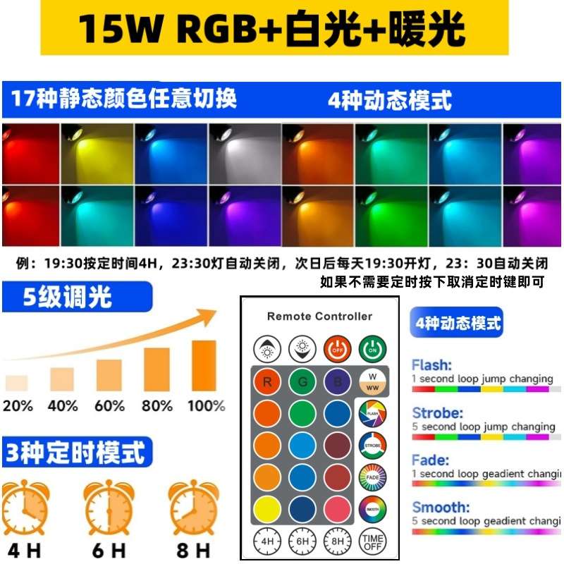 ?10W RGB地插灯七彩遥控投光灯户外防水景观聚光灯 RGB草坪灯