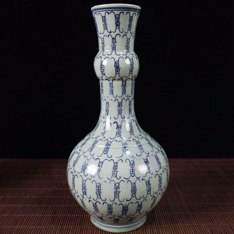 收藏古玩复古工艺品青花瓷瓷器杂件做旧寿字图花瓶家居摆饰