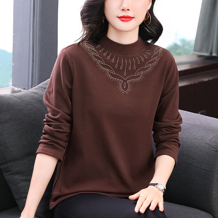 2025年新款烫钻打底衫圆领长袖休闲t恤女宽松舒适显白咖啡色上衣